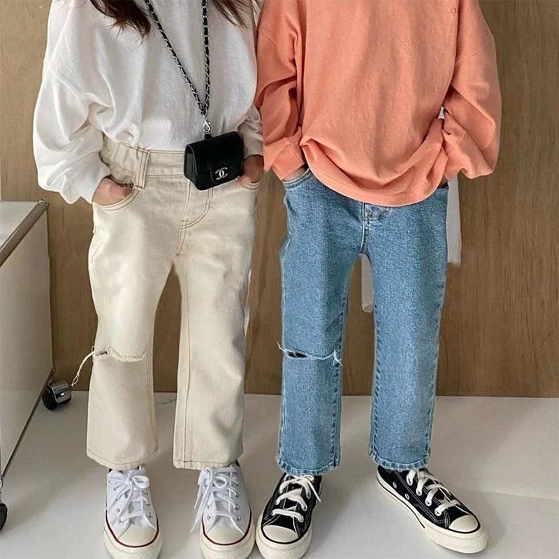 

Girls Ripped Fashionable Jeans 2026 Spring and Summer New Product for Girls Korean Version Loose Straight Pants 18M-7T