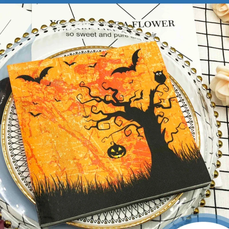 20pcs 33cm 2-Ply Halloween Party Decoration Paper Black Bat Owl Napkin Halloween Elements Wine Glass Flower Paper Placema/