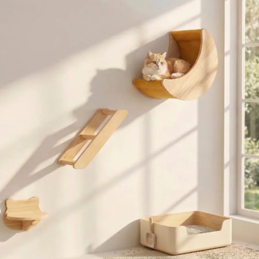 

Cat Wall Shelves Set Solid Wood Cat Wall Furniture with Moon Bed and Ladder, Wall Mounted Climbing Shelves for Indoor Cats, Spa