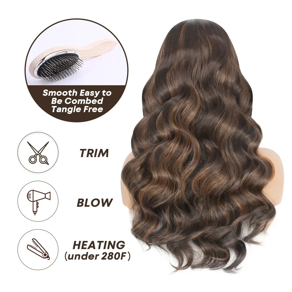 13X4 Body Wave Lace Front Wig Synthetic Highlight / Redish Brown Heat Resistant Fiber Lace Front Wig Pre Plucked With Baby Hai