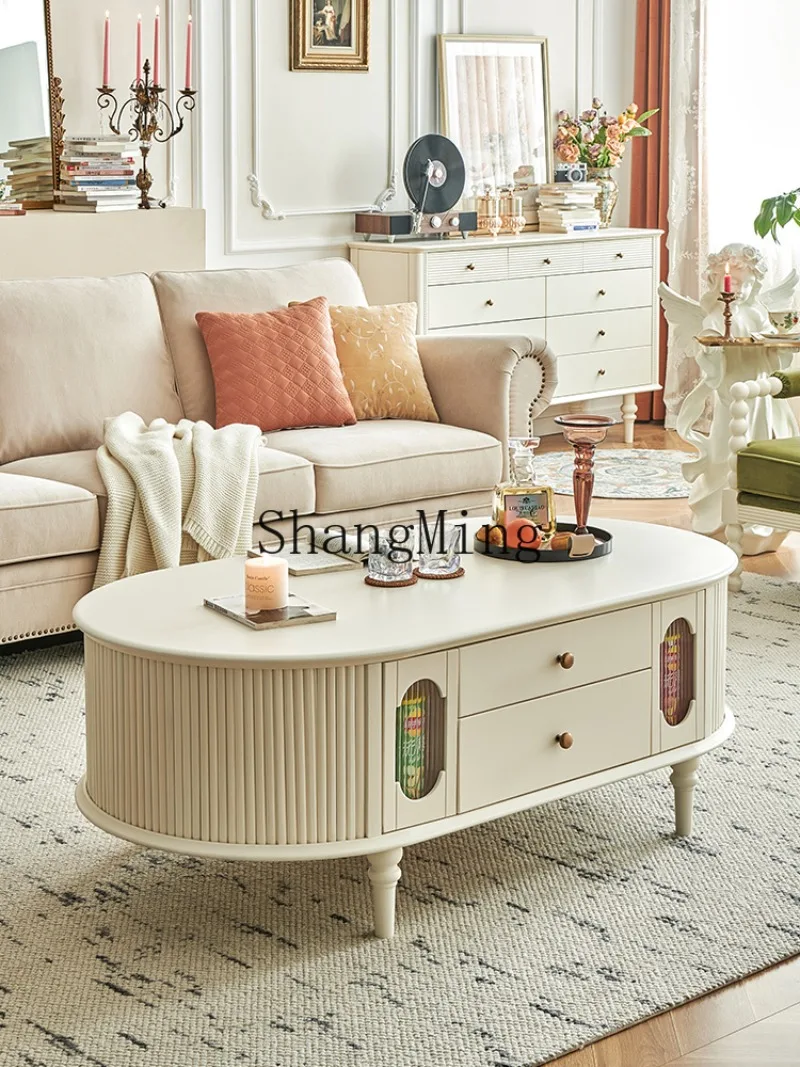 LXY light luxury high sense all solid wood storage household living room oval cream wind coffee table