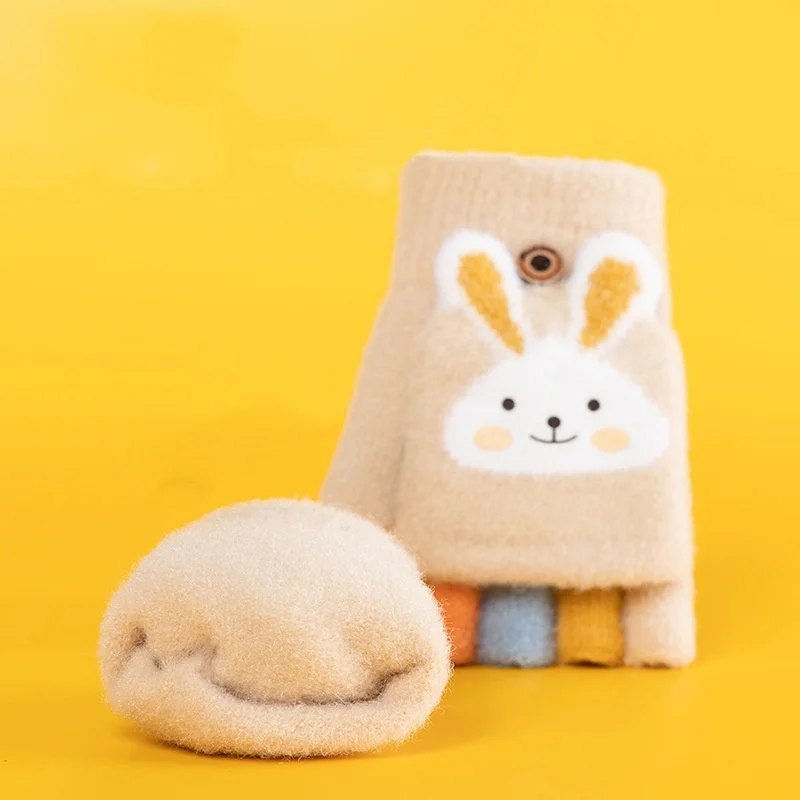 Winter Children Cartoon Gloves Cute Rabbit Thick Warm Kids Half Finger Flip Mittens Outdoor Toddler Windproof Gloves For 1-12Yrs image 5
