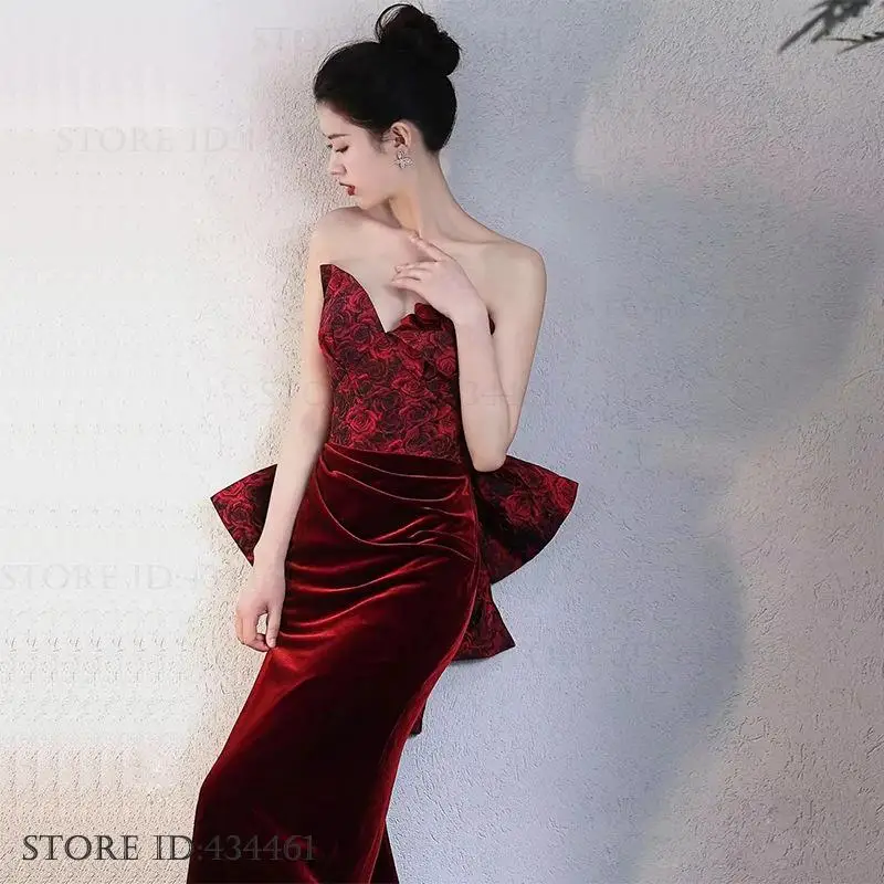 Braut Hochzeit Party Kleid Toast Kleidung Luxus Vintage Print Blume Samt Abend Party Kleid Sexy Trägerlosen Meerjungfrau Kleid