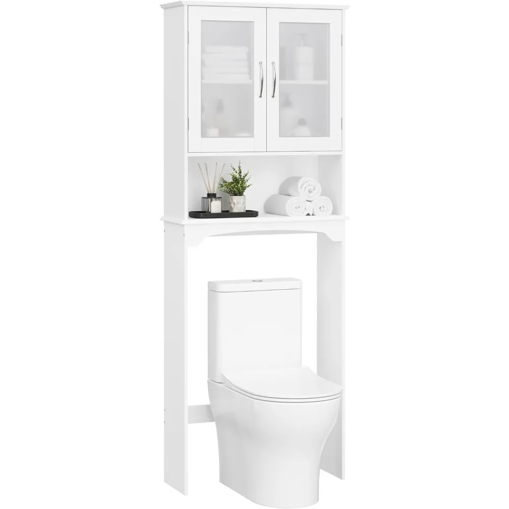 

Over The Toilet Storage Cabinet with 2 Tempered Glass Doors Adjustable Shelf Bathroom Organizer