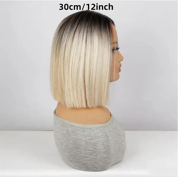 Ombre Black Root Blonde Short Bob Wig, Middle Part Straight Synthetic Full Wig for Women