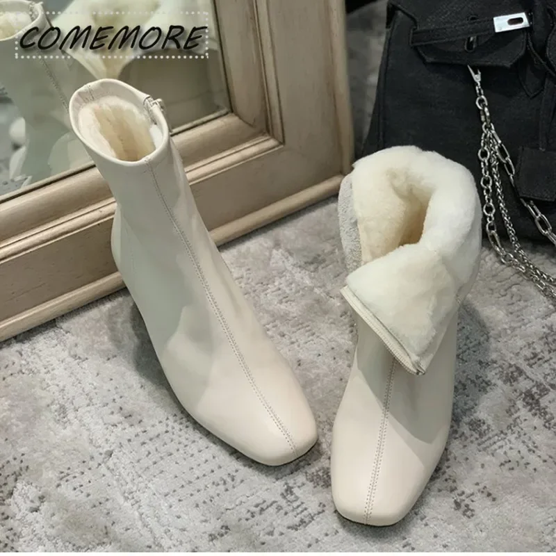 

Winter Warm Plush Women Ankle Boots Fashion Zippers Elegant Thick High Heel Shoes Street Style Keep Warm Ladies Short Boot Beige