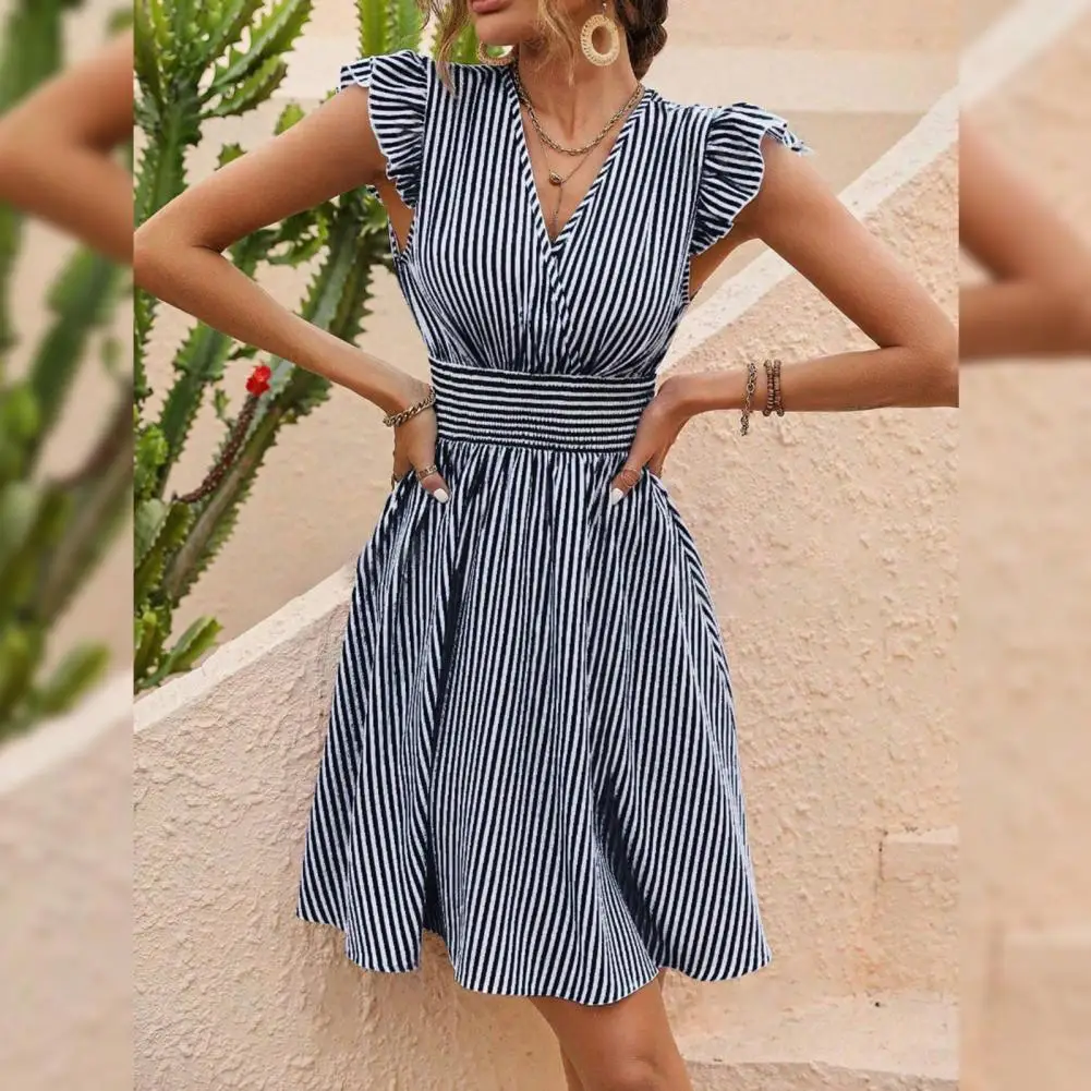 

Slimming Women Dress Elegant Striped Print V Neck Mini Dress with Ruffle Hem Women's Summer A-line Dress for Dating Shopping