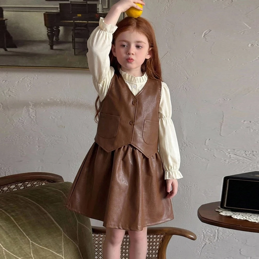 Coffee Colored Leather Vest+lantern Sleeve Base Shirt+short Skirt Three Piece Set for Girls Aged 3-7 in Autumn Korean Version