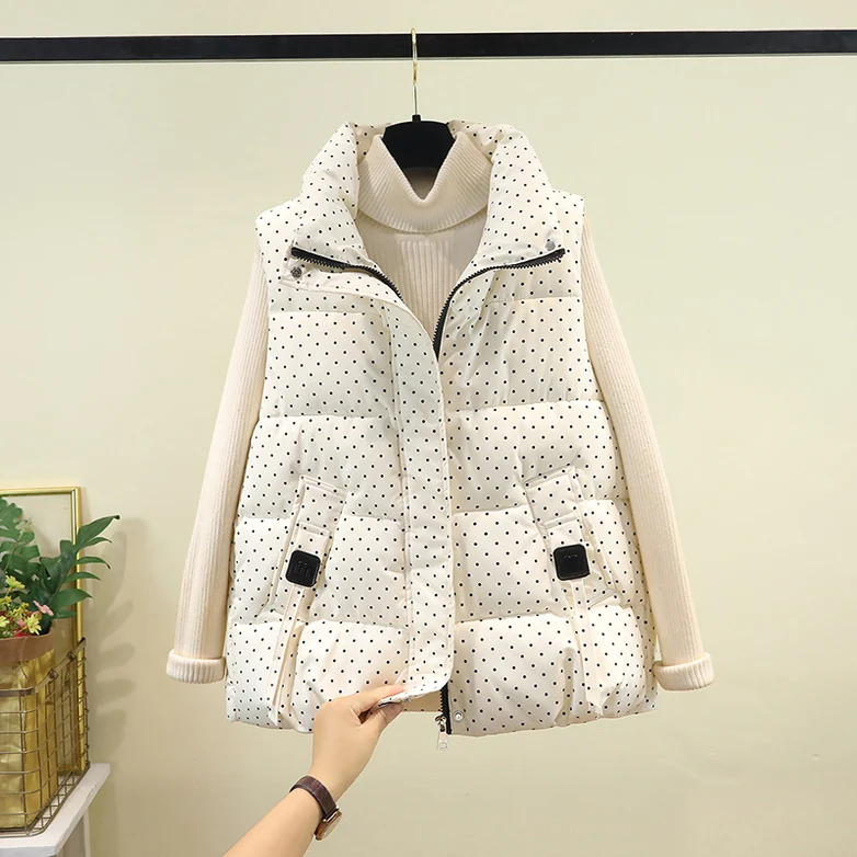 

2025 Autumn Winter Thiened Cotton Vest Women's ort Sle round Dot Loose Fit Stand Collar Bal Tank Top Outerwear