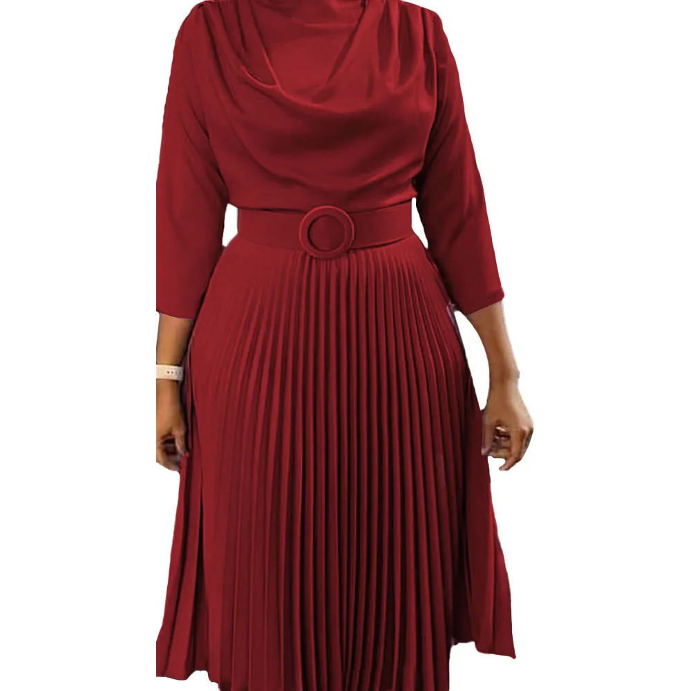 JENYAGE Damen Einfarbiges, schlichtes, fließendes Midikleid mit Wasserfallausschnitt, 3/4-Ärmeln und plissiertem Rock, mit Gürtel mit Schnalle, elegantes, formelles Partykleid – Detail 9