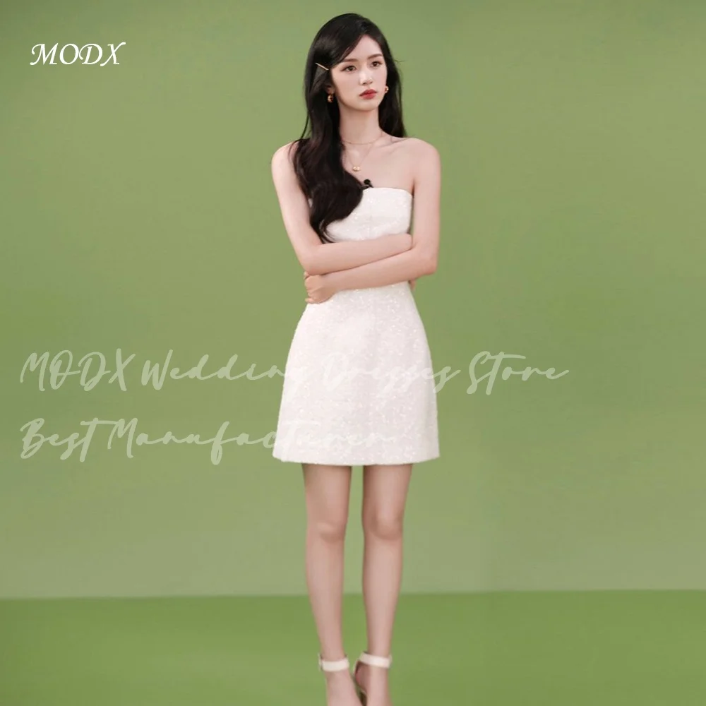 MODX Sweet Korean Wedding Dress Ivory Strapless Short Mini Sequin A-Line Formal Luxury Bridal Gowns Simple Vestidos New Chic