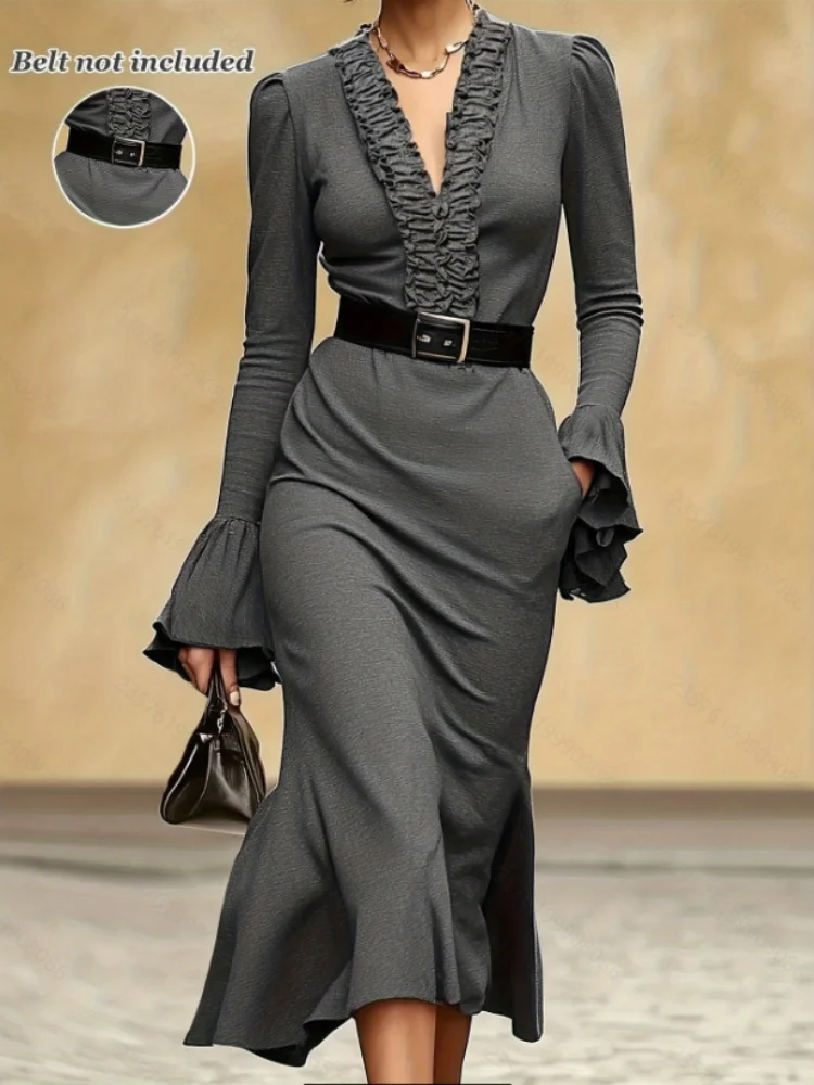 

Женское весеннее новое модное элегантное платье с рюшами и v-образным вырезом, тонкое длинное платье с высокой талией и длинными рукавами, офисное женское платье без пояса