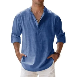 Camisas de lino y algodón para hombre, camisas informales ligeras de manga larga Henley, playeras Hawaianas, 10 colores, novedad de 2024