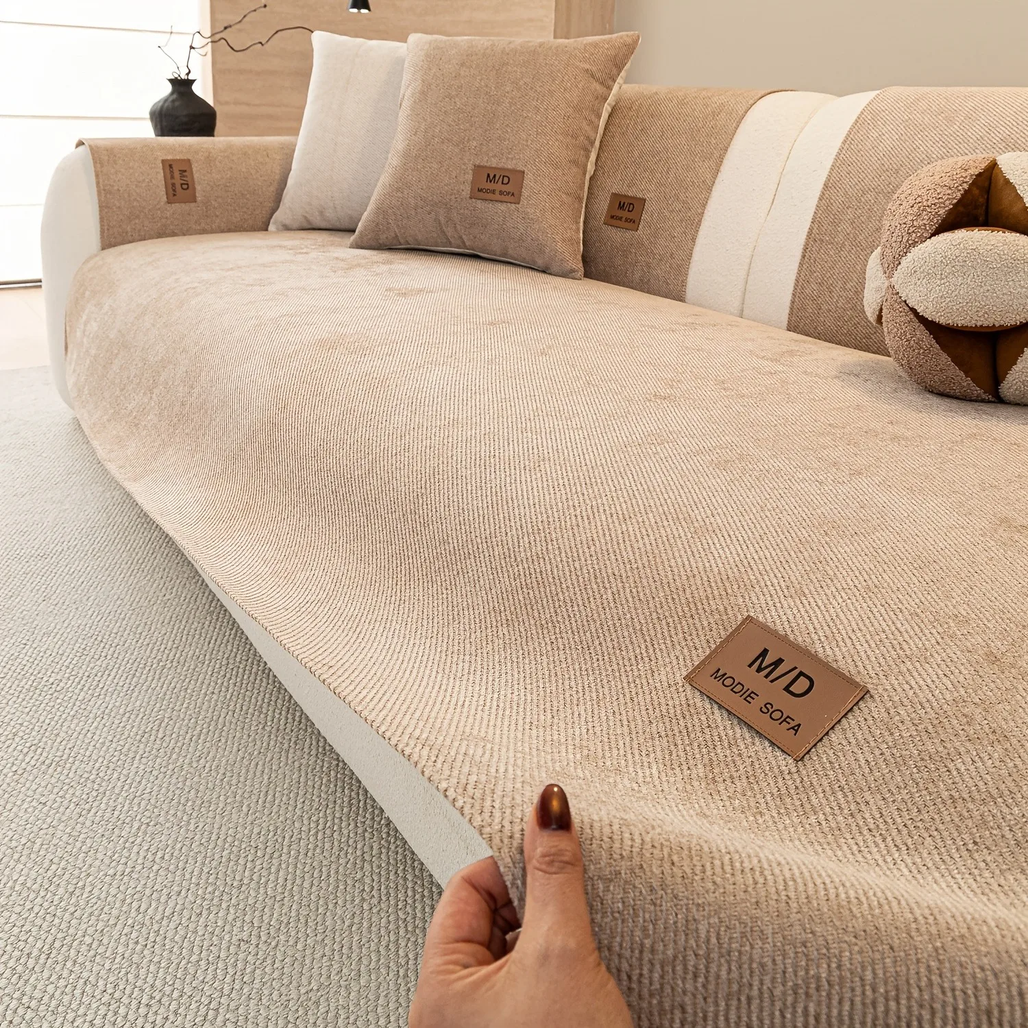 Garngefärbter Twill-Chenille-Sofabezug mit PU-Etikett, Universeller Rutschfester Haustierfreundlicher Couch-Sitzbezug Sofatuch für Alle Jahreszeiten – Detail 13