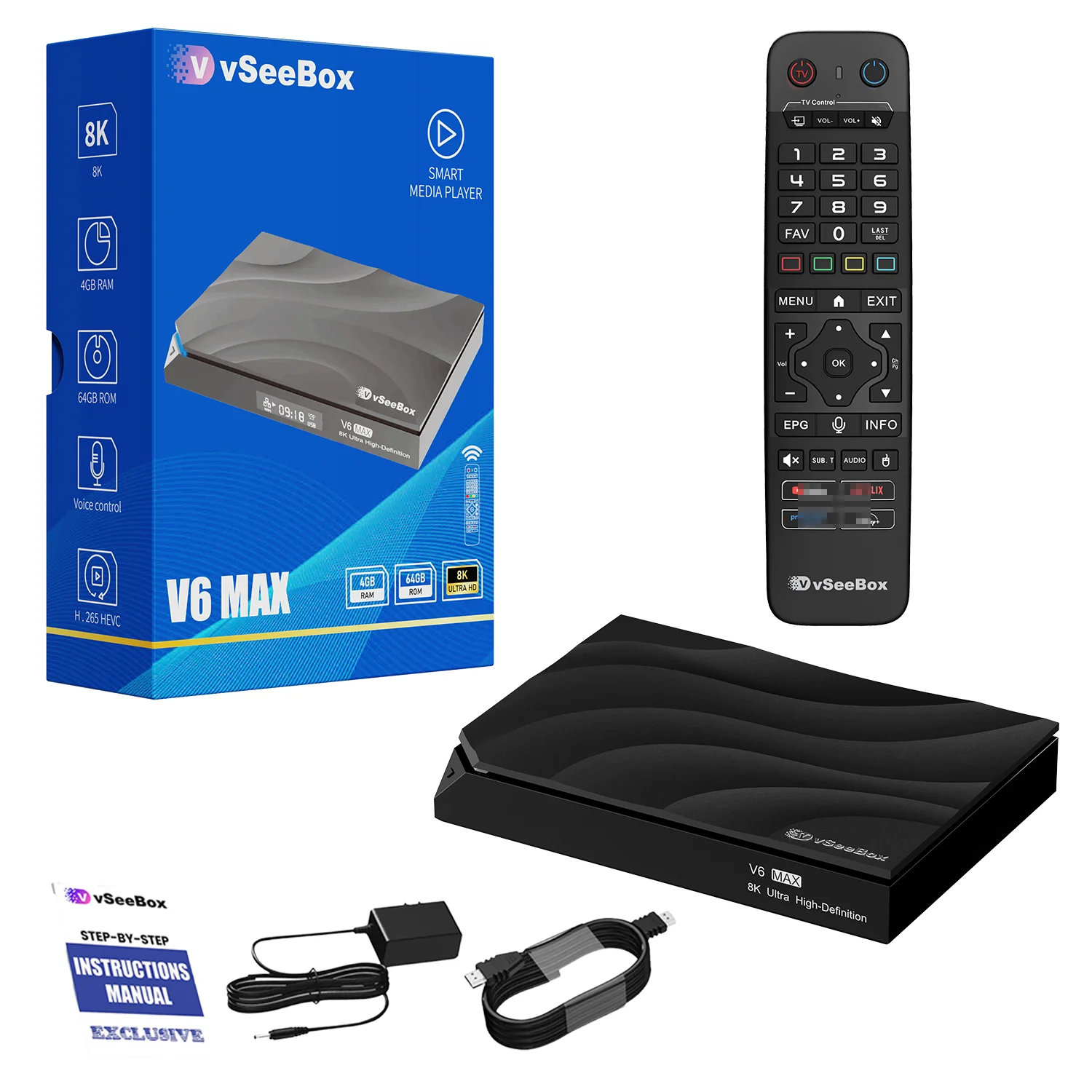 vSeeBox V6 Max 2026 Newest Version, Android 14, 4GB RAM 64GB Storage, Voice Control, WiFi 6, Parental Control, 8K HDMI, Complete Kit with Remote, HDMI Cable, Power Adapter & Setup Guide
