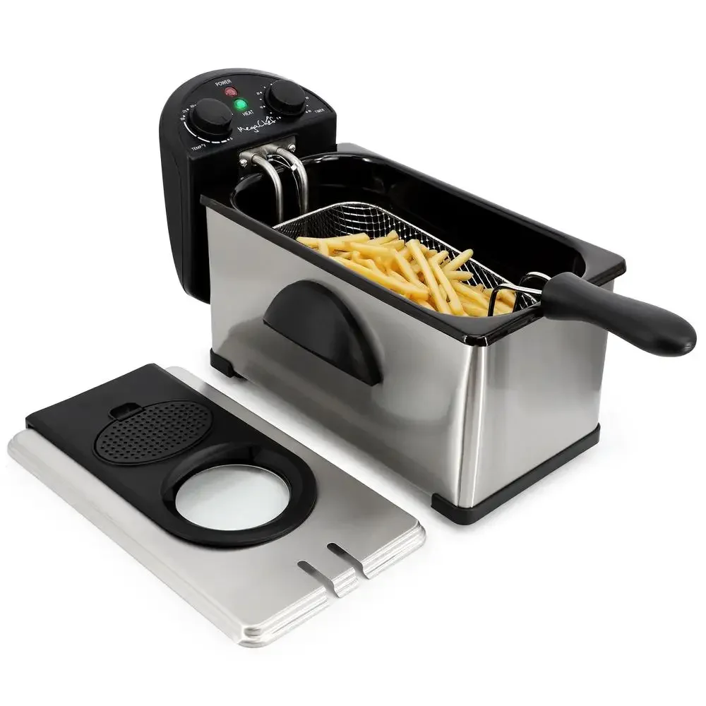 Stainless Steel Electric Deep Fryer with Timer Non-Stick Tank Basket Drain Support Window Removable Filter Adjustable Thermostat