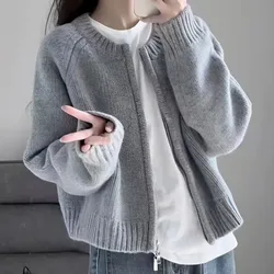 Lucyever Solid Color Zipper Knitted Cardigan Women Autumn Winter Casual O-Neck Long Sleeve Sweater Jacket Gray Short Cardigans