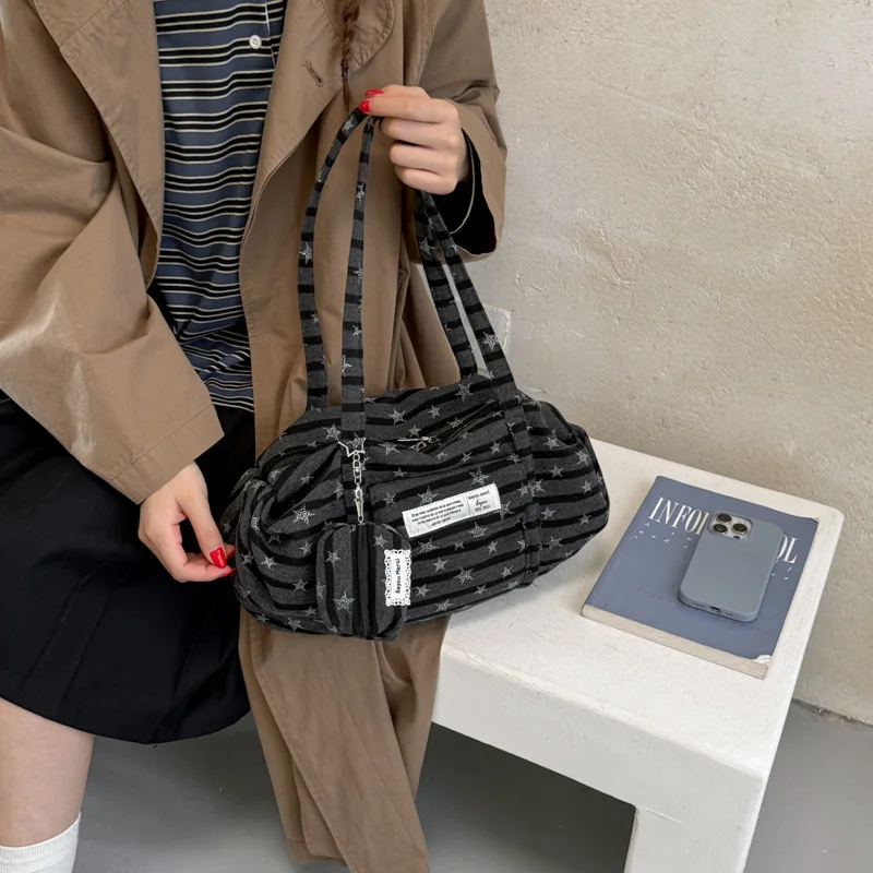 Korean Style Striped Star Tote Bag Women Lazy Style Casual Versatile Shoulder Bag Large Capacity Daily Canvas Commuting Bag