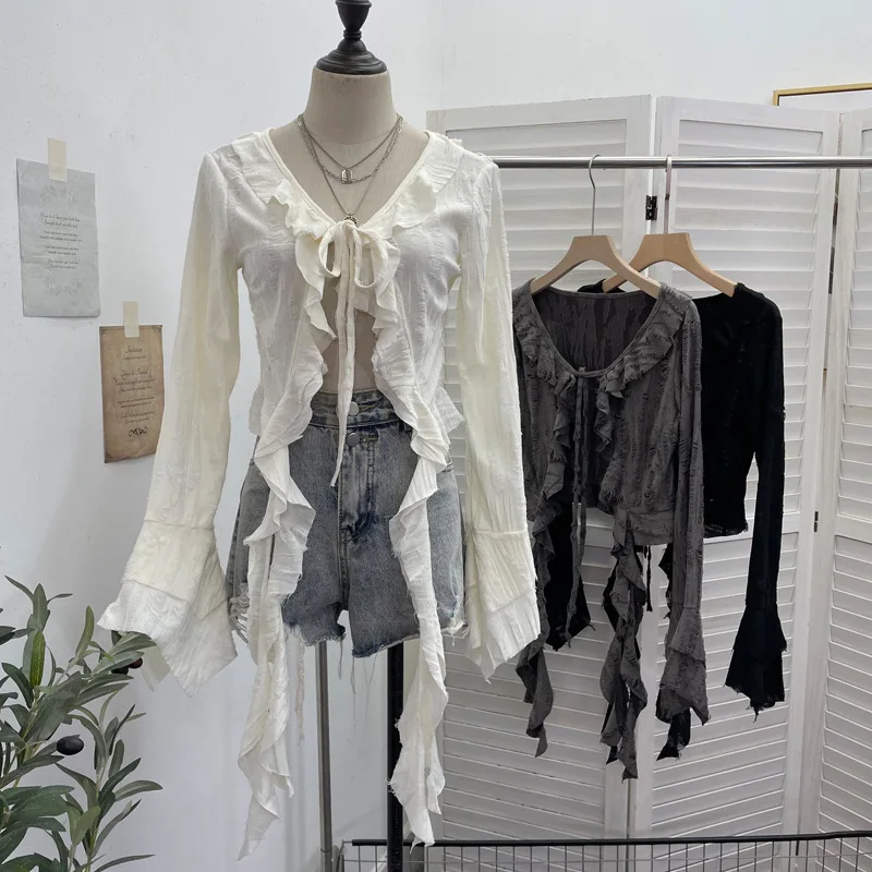 ISAROSE Wasteland Style Cardigan for Women Punk Spring Autumn Solid Color Flare Long Sleeves Front Lace-up Ruffle Ripped Tops