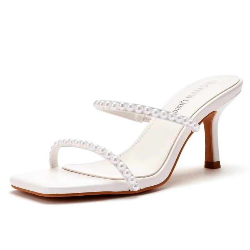 Fashion Summer Women High Heels Sandals String Bead Slip On PU 7CM Thin Heels Office Work Korean Style Women Shoes White