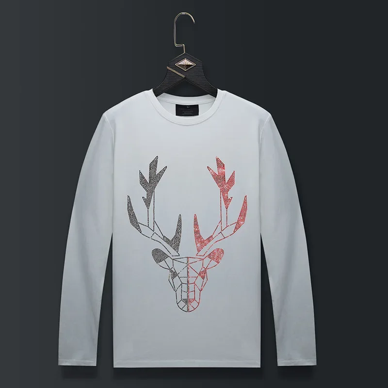 Plus Size O Neck Long Sleeve T Shirts Men Cartoon Deer Rhinestones Fashion Streetwear Slim Modal Cotton Tshirts Mens Clothing