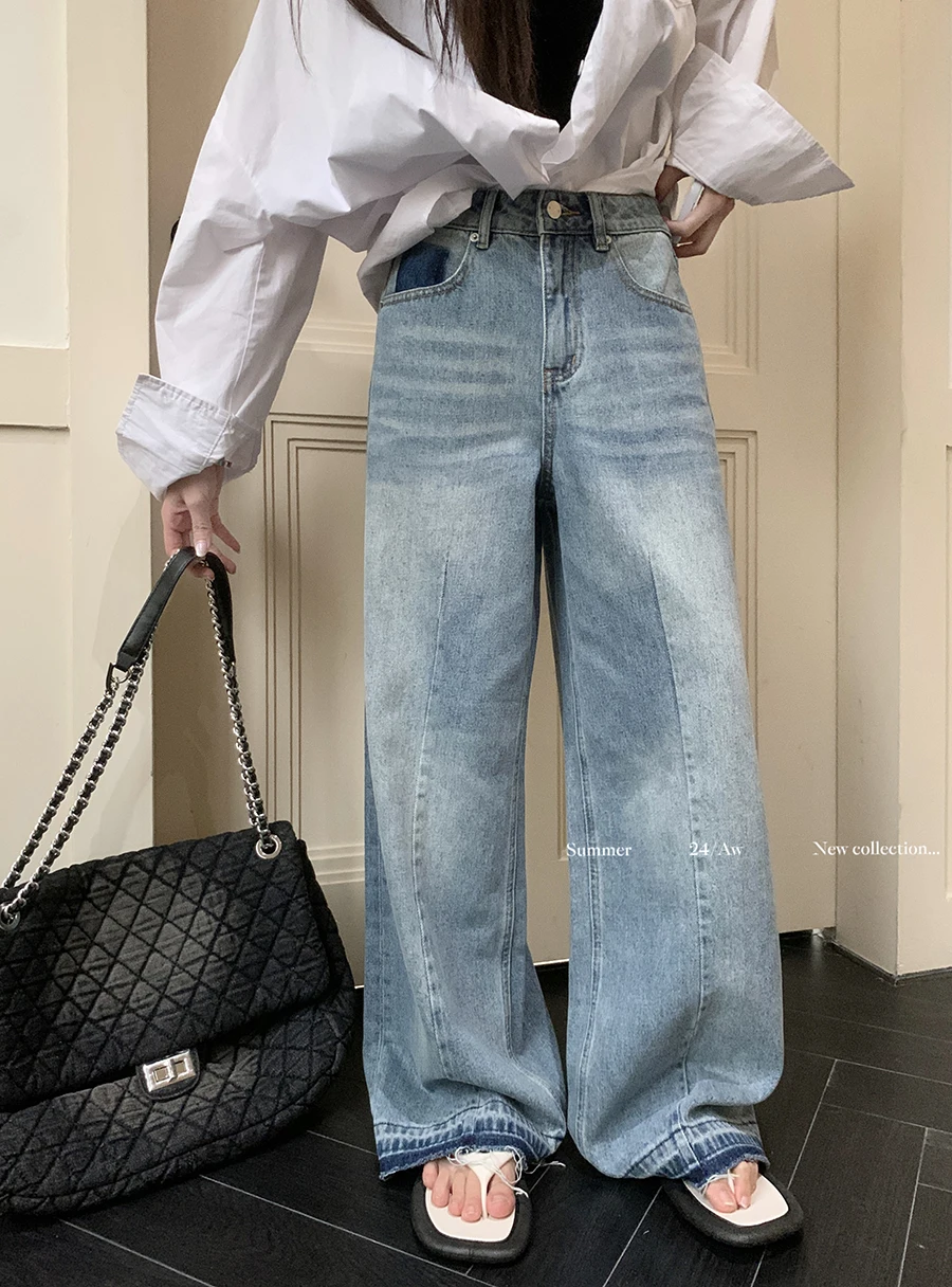 

Benuynffy Streetwear Raw Hem Wide Leg Jeans Women Vintage Y2k Baggy Pants High Waist Korean Fashion Straight Long Trousers 2024