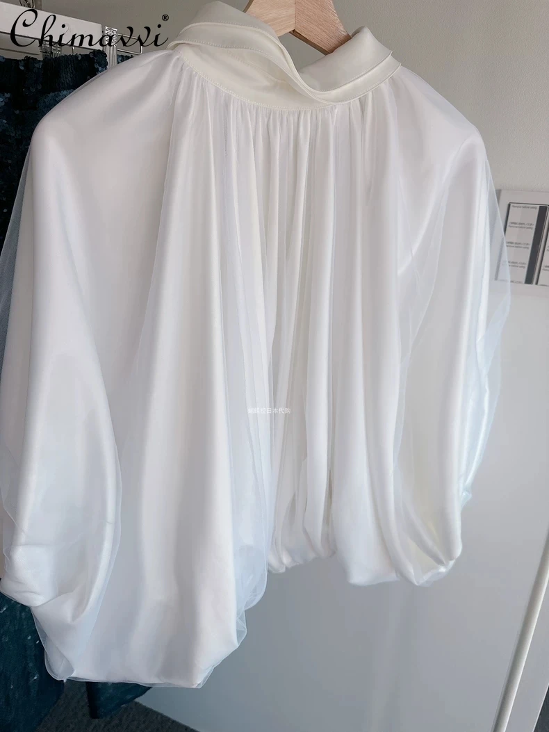 Japanese Style Fashion Commuter Satin Mesh Splicing Shirt 2025 Summer New Women's Lapel Bat Sleeve Loose Blouse Elegant Tops