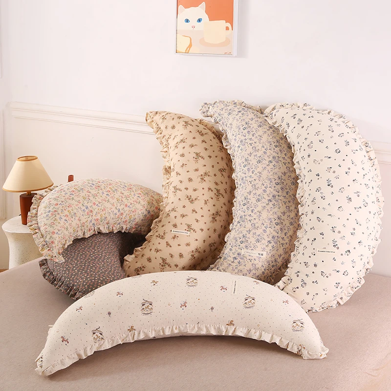 

Подушка для малышей из чистого хлопка и льна в форме полумесяца с кружевом и наполнителем из гречневой лузги, подушка-валик для ног