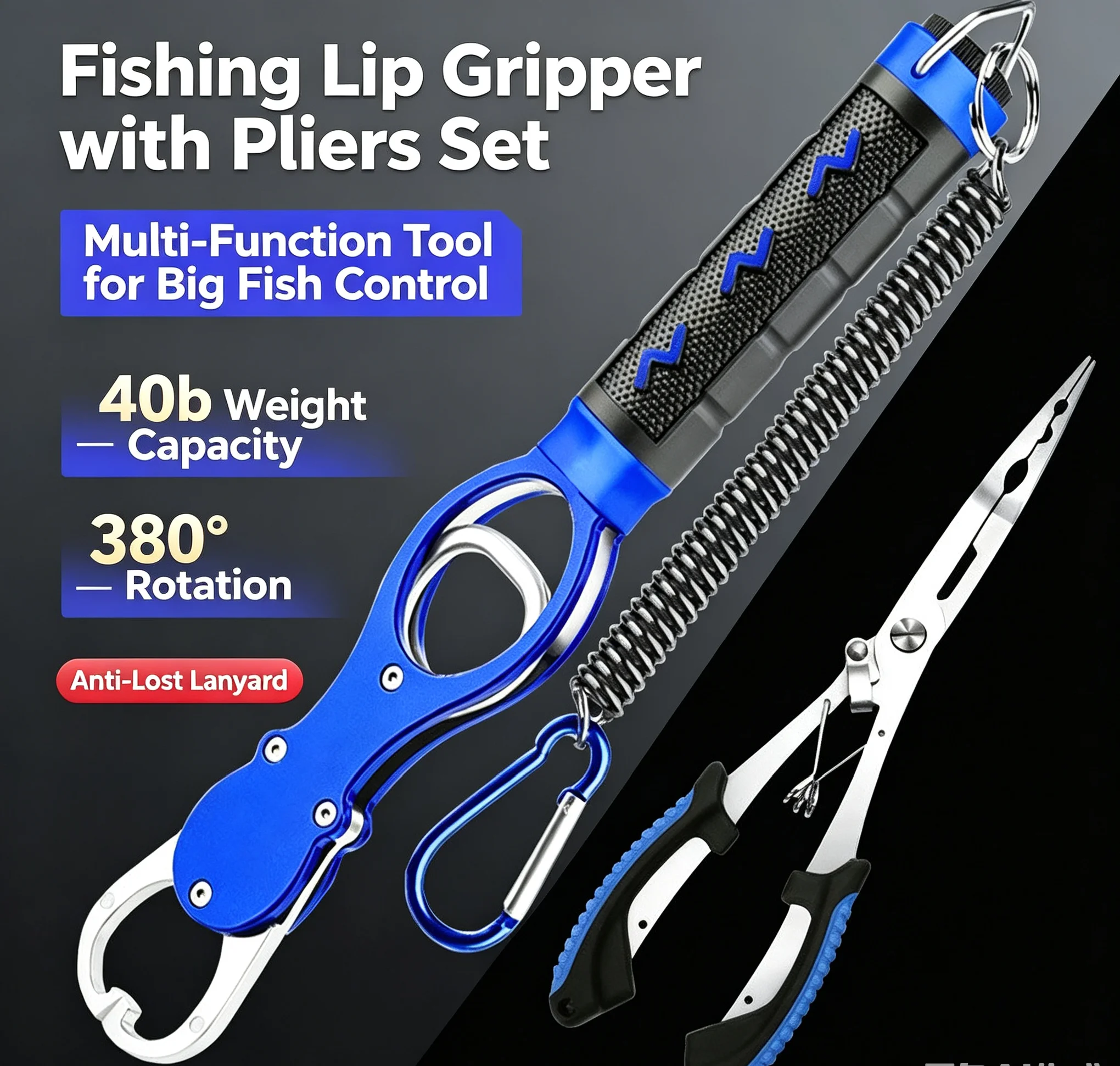 40lb Fishing Lip Gripper with Scale, Pliers Set, Multi-Function Tool for Big Fish Control, Catch Holder, Fish Clamp