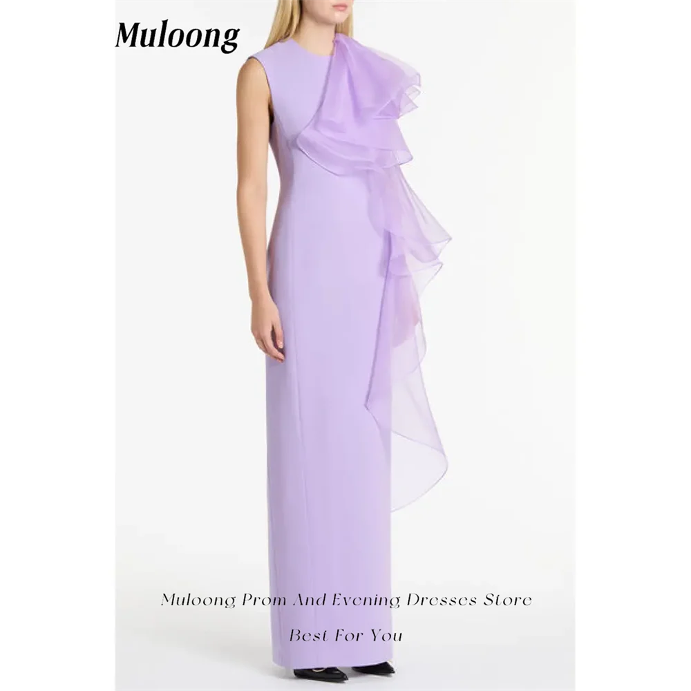 Muloong Lilac Ruffle Shoulder Gown O Neck Mermaid Midi Dress Left Silk Organza Ruffle Ankle Length Classic Luxury Evening Dress