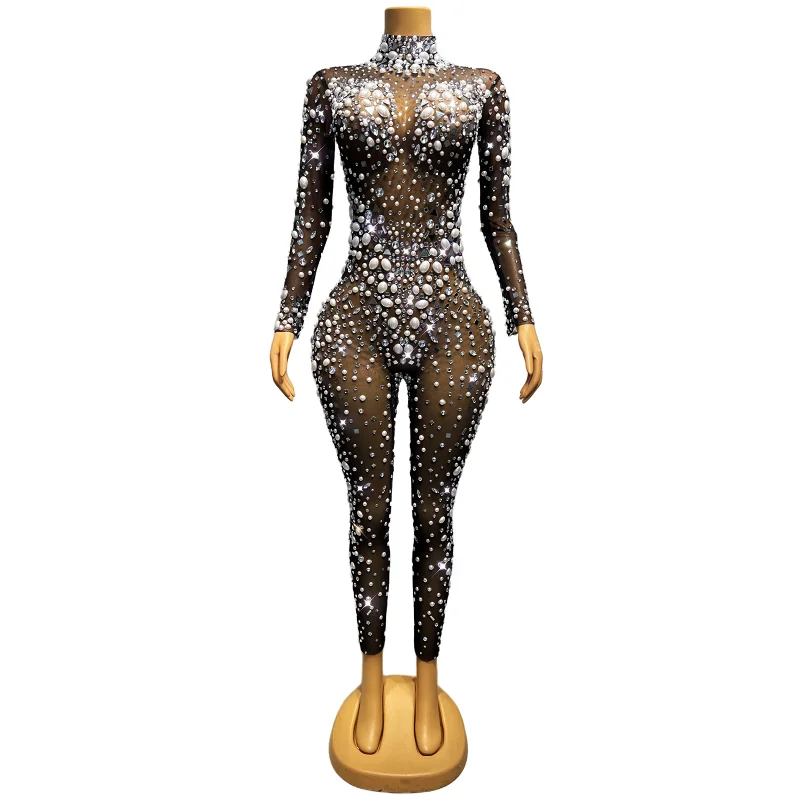 Black Mesh Elastische Jumpsuit Volledige Rhinestones Pearl Turnpakje Sexy Nachtclub Bar Zanger Paaldansen Kostuum Party Show Stage Wear