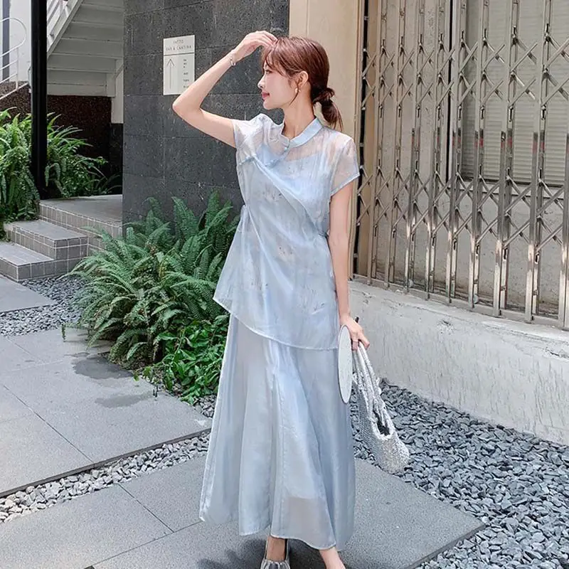 

Summer New Style Women's Chinese National Flag Dress Button Cover up Strap Dress Set Two Pieces Set Short Sleeve Stand Collar