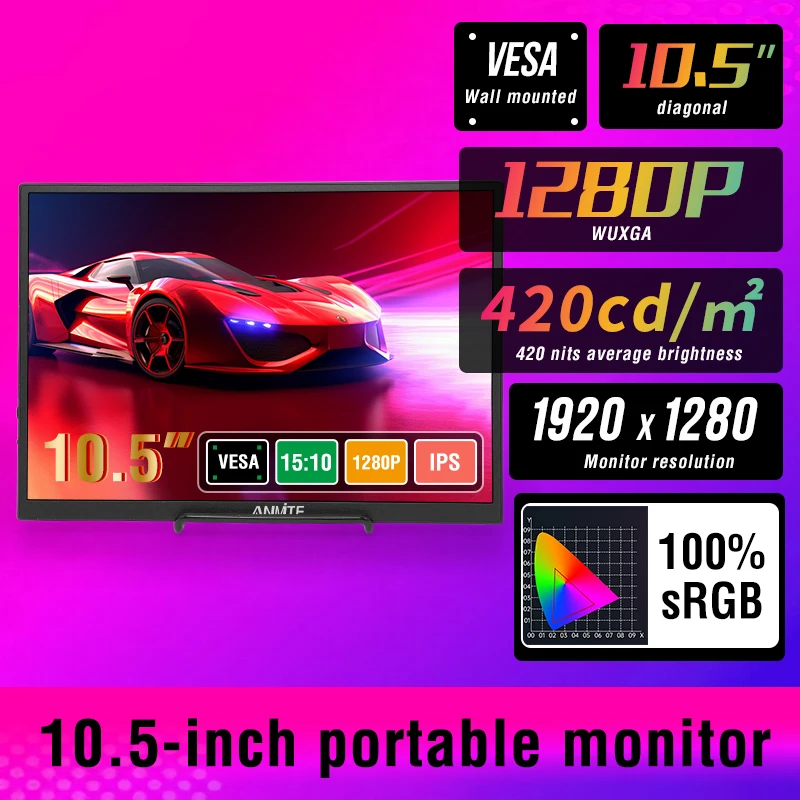 

Anmite 10.5-Inch Portable Monitor 1280P HDR 15:10 Low Blue Light For XBox PS4 / 5 Switch Cell Phone PC Loptop Extension