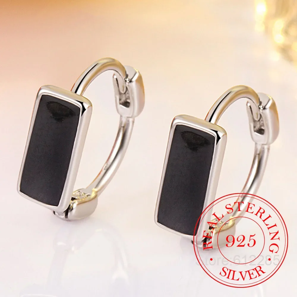 Geometrische schwarze Creolen aus 925er-Sterlingsilber für Frauen, Hochzeit, Schmuck, Geschenk, Pendientes Mujer Moda