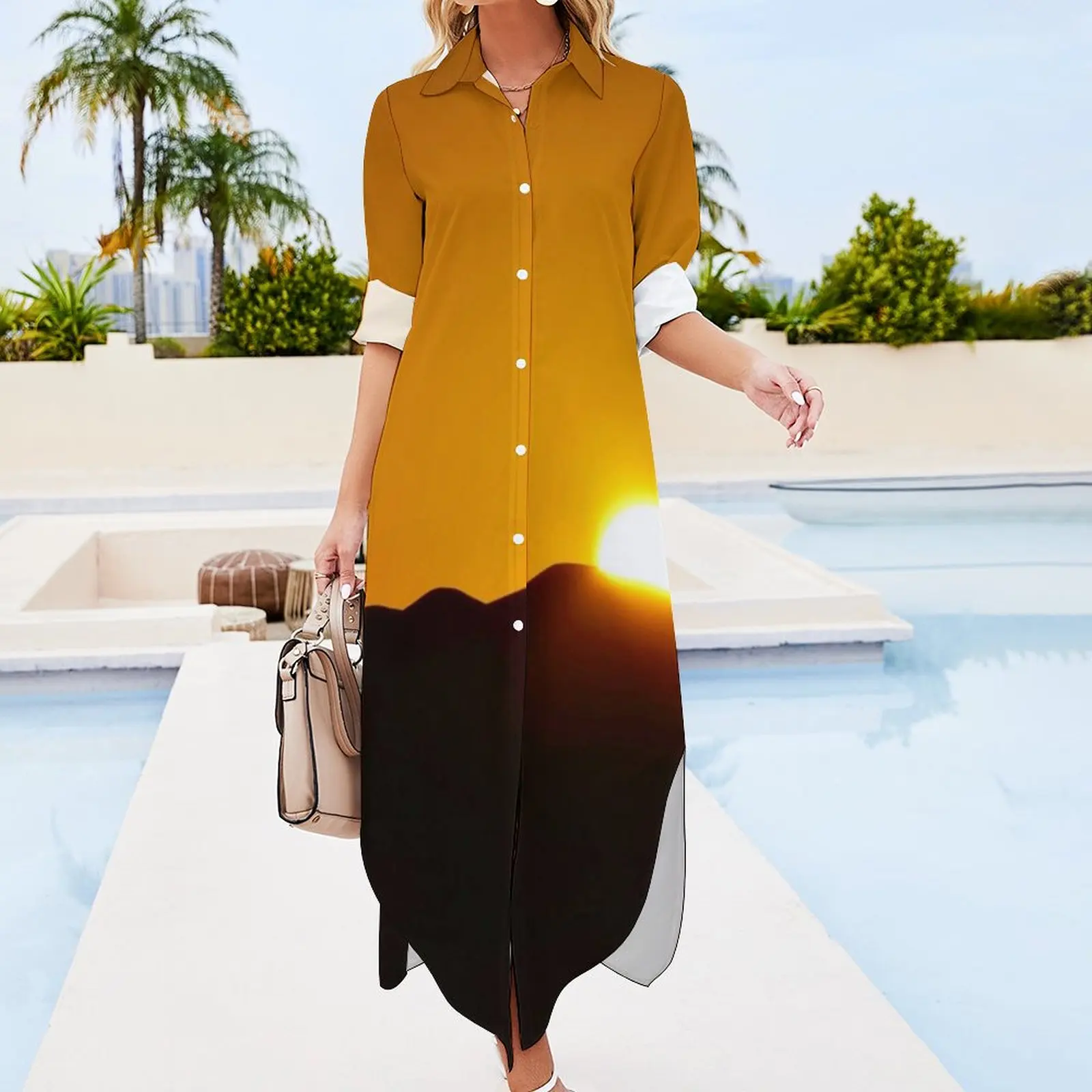 Golden Desert Casual Dress Dunes Sunset Landscape Aesthetic Dresses Sexy V Neck Retro Chiffon Dress Long Sleeve Clothes Big Size