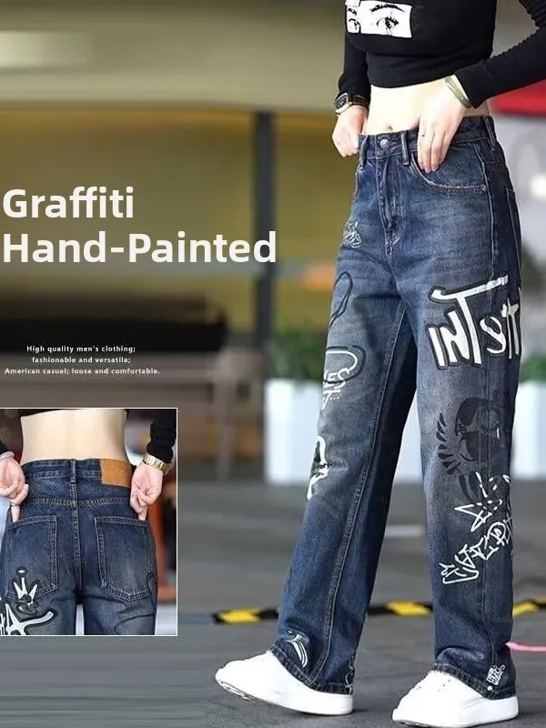 

Модные свободные джинсы прямого кроя с мультяшным принтом для мужчин, винтажные потертые джинсы с индивидуальным принтом, уличные длинные брюки