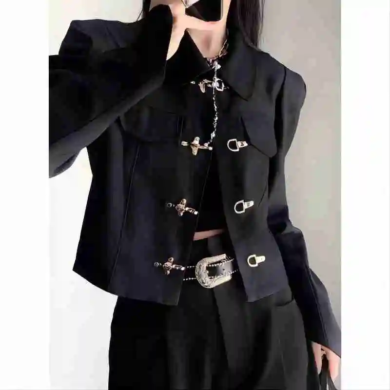 Fashion Women Elegant Short Blazer Casual Office Work Vintage Solid Color Long Sleeve Notched Collar Multiple Buckle Jacket