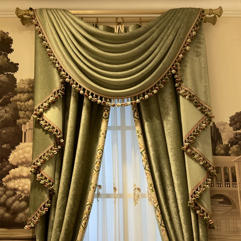 Custom Fantastic French luxury living room bedroom dark green shading cloth valance blackout curtain tulle drape C2011