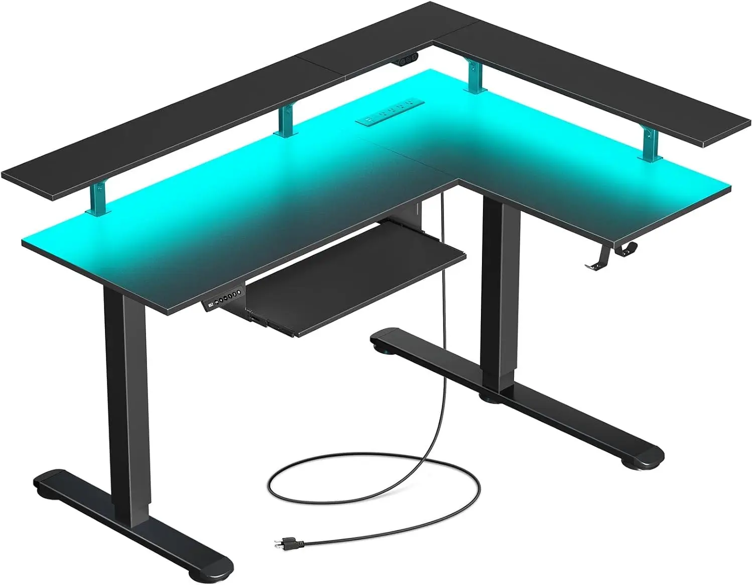 Escritorio de pie en forma de L con luz LED y toma de corriente, Motor Dual, altura ajustable, eléctrico, con soporte para Monitor