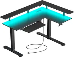 Escritorio de pie en forma de L con luz LED y toma de corriente, Motor Dual, altura ajustable, eléctrico, con soporte para Monitor