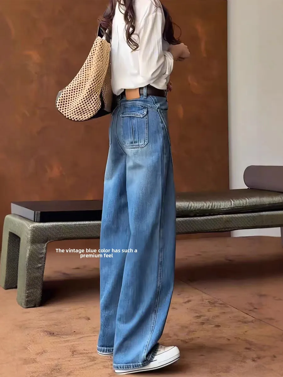 

Retro Blue Jeans High Waist Loose Women's Jeans Pear ape Body Slim Straight Wide Leg Pants Spring Season plus Size
