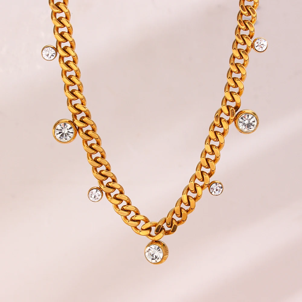 MamacitaSlay Trendy Round Zircon Gold Plated Cuban Chain Necklaces Adjustable Stainless Steel Choker Necklaces for Women Party