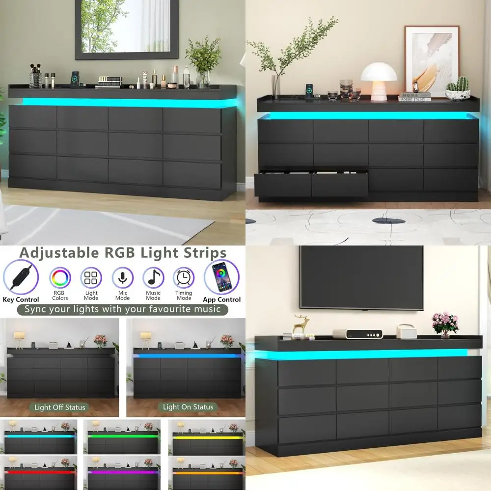 

Очень большой комод с 6 ящиками и 12 отделениями, с розеткой и светодиодной подсветкой, цвет эспрессо, для спальни, гостиной или прихожей