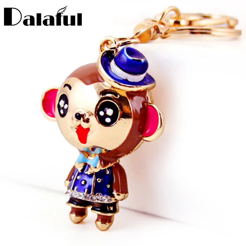 Dalaful Chic Lovely Smile Monkey Flower Key Chains Rings Purse Bag Buckle Pendant For Car Enamel Cute Keyrings KeyChains K306