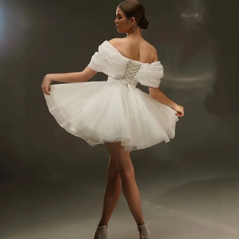 Off Shoulder White Glitter Tulle Short Wedding Dress Pleated V Neck A Line Mini Bridal Gown Elopement Party Dress Custom Color