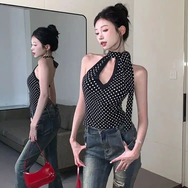 

French Black Polka-Dot Neck Strap Vest Summer New Sexy Girl Design Hollow Out Thin Everything Slim Fit Crop Top