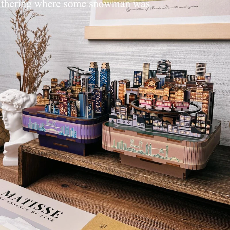 DIY 3D Wooden Chongqing Street View Music Box Miniature Model Kits Jigsaw Puzzles Can Move for Children Birthday Gift Home Decor