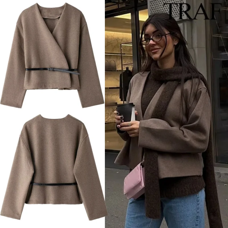 

AliExpress Hot-Selling Autumn Winter Intellectual Style Soft V-Neck Khaki Belt Women's Coat Trendy Top