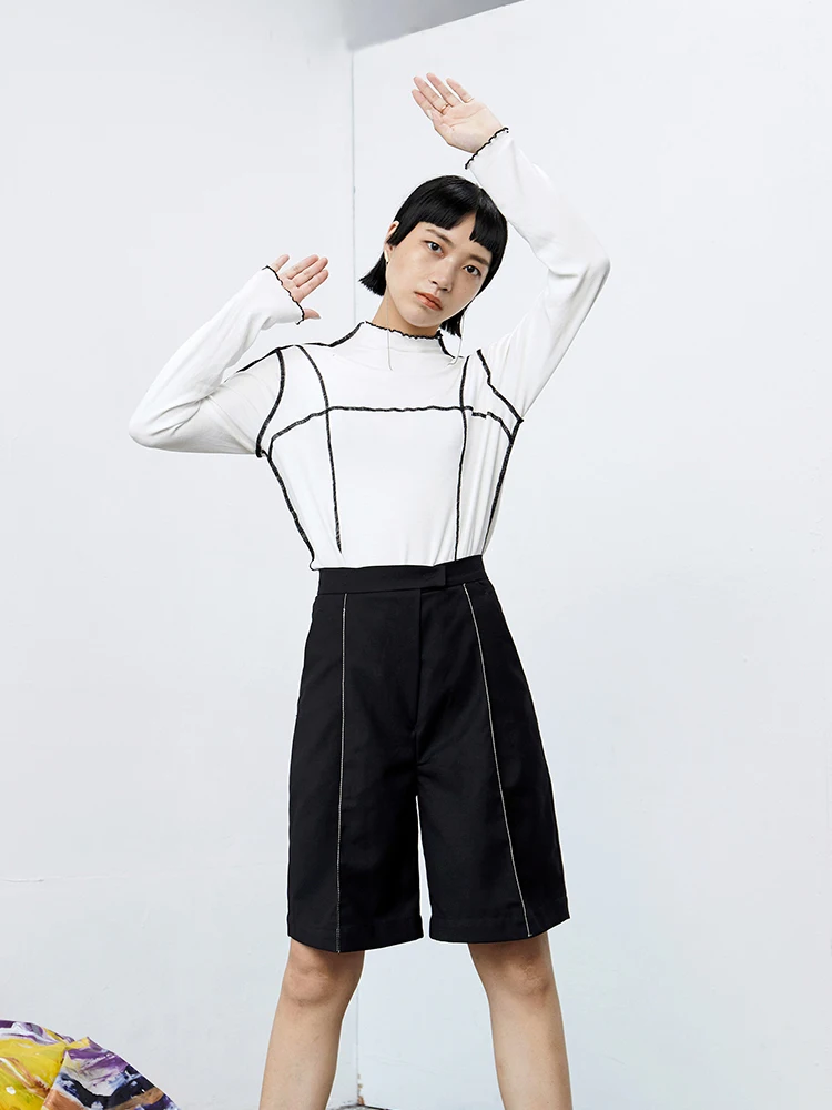 

High Waist Original ort Pants Women's Mid-Rise Decorative Stitching Five-Quarter Length Korean Sle Wide Leg Casual Pants