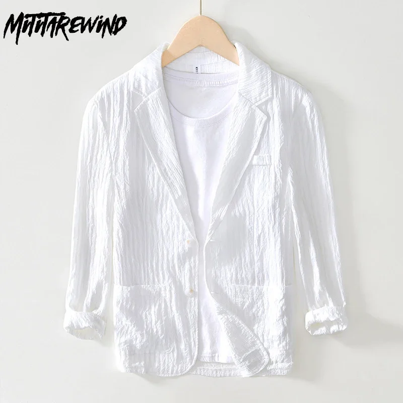 Spring Summer White Blazer for Men Daily Casual Blazer Men Lazy Style Pleated Stripes Suit Jackets Single Breasted Slim Fit Suit